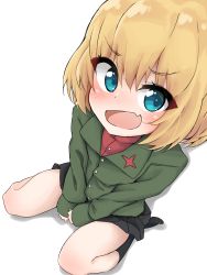 Rule 34 | 1girl, blonde hair, blue eyes, blush, breasts, girls und panzer, highres, katyusha (girls und panzer), looking at viewer, looking up, mbt64kmb, military, military uniform, pravda military uniform, short hair, sitting, small breasts, solo, uniform