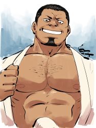 Rule 34 | 1boy, abs, bara, bare pectorals, bulge, chest hair, dark-skinned male, dark skin, erection, erection under clothes, facial hair, fate/grand order, fate (series), goatee, grin, hair slicked back, highres, japanese clothes, kimono, kimono pull, large pectorals, male focus, mature male, muscular, muscular male, nipples, out-of-frame censoring, pectoral focus, pectorals, pulling own clothes, seductive smile, serizawa kamo (fate), shirako (kirupi), short hair, sideburns, smile, solo, stomach, undressing