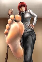 Rule 34 | 1girl, 45kingman, barefoot, chainsaw man, feet, highres, leash, long hair, looking at viewer, makima (chainsaw man), parted lips, pov, red hair, soles, toes, yellow eyes