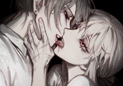 Rule 34 | 1boy, 1girl, black eyes, collared shirt, earrings, eye contact, french kiss, from side, grey hair, height difference, hetero, jewelry, kiss, looking at another, original, pink eyes, scar, scar on hand, shirt, stud earrings, tongue, tongue out, tsu (lovesick1964), two (tsu (lovesick1964)), white hair, wing collar