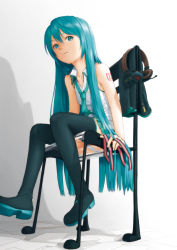 Rule 34 | 1girl, alternate hairstyle, aqua eyes, aqua hair, aqua necktie, bad id, bad pixiv id, boots, chair, closed mouth, unworn clothes, collared shirt, glass, gradient background, hair between eyes, hair down, hatsune miku, headphones, headphones removed, headset, long hair, loose necktie, microphone, necktie, on chair, panties, pantyshot, paper, pleated skirt, ribbon, shirt, sitting, skirt, sleeveless, sleeveless shirt, solo, ss39, straight hair, tattoo, thigh boots, thighhighs, underwear, very long hair, vocaloid, white panties, white shirt