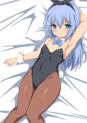 Rule 34 | 1girl, animal ears, arm behind head, armpits, bed, black leotard, blue bow, blue bowtie, blue eyes, blue hair, bow, bowtie, breasts, brown pantyhose, chestnut mouth, commentary request, detached collar, fake animal ears, feet out of frame, gochuumon wa usagi desu ka?, hair ornament, kafuu chino, leotard, light blue hair, long hair, looking at viewer, lying, pantyhose, pillow, playboy bunny, rabbit ears, revision, small breasts, solo, strapless, strapless leotard, toshishikisai, wrist cuffs, x hair ornament