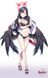 Rule 34 | 1girl, ;), ahoge, armband, bikini, black bikini, black footwear, black gloves, black hair, black wings, blue archive, breasts, closed mouth, gloves, gradient background, grey background, gun, hair ornament, hairclip, halo, highres, ichika (blue archive), low wings, mayoichi, medium breasts, navel, one eye closed, parted bangs, red halo, sandals, smile, standing, stomach, swimsuit, thigh gap, toes, weapon, white background, wings