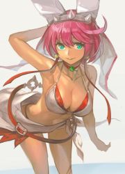 Rule 34 | 1girl, animal ears, arc system works, bare shoulders, belt, bikini, breasts, choker, cleavage, collarbone, elphelt valentine, green eyes, guilty gear, guilty gear xrd, hungry clicker, large breasts, leaning forward, looking at viewer, parted lips, pink hair, rabbit ears, robe, smile, solo, standing, swimsuit, veil