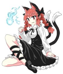Rule 34 | 1girl, :3, animal ears, bare legs, black bow, black dress, black footwear, black neckwear, black ribbon, bow, braid, cat ears, cat girl, cat tail, chups, dress, fang, frilled dress, frills, hair bow, highres, hitodama, kaenbyou rin, long sleeves, looking at viewer, maid, multiple tails, nail polish, neckwear request, red eyes, red hair, red nails, ribbon, simple background, solo, tail, touhou, twin braids, two tails, white background, white frills, white sleeves