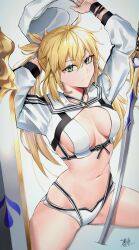 Rule 34 | 1girl, artoria caster (fate), artoria caster (swimsuit) (fate), artoria caster (swimsuit) (first ascension) (fate), artoria pendragon (fate), baseball cap, blonde hair, breasts, fate/grand order, fate (series), green eyes, hat, highres, jy illust03, large breasts, looking at viewer, navel, simple background, solo, stomach, sword, unworn headwear, upper body, weapon, white background