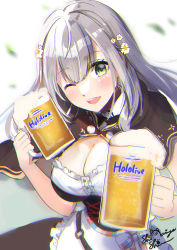 Rule 34 | 1girl, absurdres, alcohol, apron, beer, beer mug, black bow, black bowtie, blue sky, blurry, blurry background, blush, bow, bowtie, breasts, cleavage, commentary request, cup, detached collar, dirndl, falling leaves, flower, foam, german clothes, green eyes, hair flower, hair ornament, highres, holding, holding cup, hololive, large breasts, leaf, long hair, looking at viewer, mug, official alternate costume, one eye closed, open mouth, shinomiya shino (sinosino141), shirogane noel, shirogane noel (dirndl), shirt, signature, silver hair, sky, smile, solo, thighhighs, upper body, virtual youtuber, waist apron, white apron, white shirt
