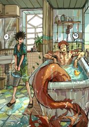 Rule 34 | 2boys, absurdres, anger vein, arm tattoo, bathroom, bathtub, black hair, bucket, chest tattoo, facial tattoo, full body, fushiguro megumi, highres, jujutsu kaisen, looking at another, merman, monster boy, multiple boys, nipples, open mouth, partially submerged, pectorals, pink hair, plant, rubber duck, ryoumen sukuna (jujutsu kaisen), short hair, shorts, spiked hair, spoken anger vein, tattoo, water, wet, woshihedawei
