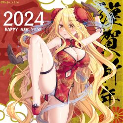 Rule 34 | 1girl, 2024, alternate breast size, alternate costume, bare legs, black gloves, blonde hair, breasts, china dress, chinese clothes, cleavage, date a live, dragon, dress, gloves, happy new year, highres, hoshimiya mukuro, large breasts, legs, long hair, looking at viewer, new year, panties, raised eyebrows, red dress, red footwear, tongue, tongue out, tsubasaki, underwear, very long hair, white panties, yellow eyes
