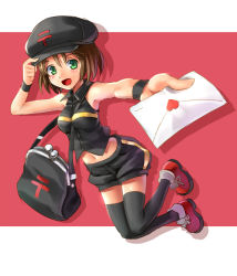 Rule 34 | 1girl, bag, between breasts, black thighhighs, blush, breasts, brown hair, envelope, full body, green eyes, hat, katahira masashi, letter, looking at viewer, love letter, medium breasts, midriff, navel, outside border, personification, short hair, shorts, sleeveless, smile, solo, strap between breasts, thighhighs