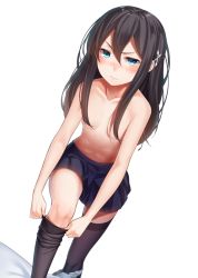 Rule 34 | 1girl, 3:, 3:&lt;, black hair, black thighhighs, blue eyes, blush, collarbone, dressing, flat chest, hair censor, long hair, looking at viewer, navel, original, ray-akila, ray littlechamber, simple background, skirt, solo, thighhighs, topless, v-shaped eyebrows, white background
