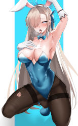 Rule 34 | absurdres, armpits, asuna (blue archive), asuna (bunny) (blue archive), black pantyhose, blue archive, bow, bowtie, breasts, cleavage, drooling, highres, kneeling, leotard, musicatopos, open mouth, pantyhose, playboy bunny, pulque, skindentation, solo, suggestive fluid, torn clothes, torn pantyhose, traditional bowtie
