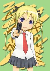 Rule 34 | 1girl, aiming, aiming at viewer, blonde hair, gun, hair ribbon, holding, holding gun, holding weapon, kill me baby, kosuke haruhito, necktie, purple eyes, red necktie, ribbon, school uniform, skirt, solo, sonya (kill me baby), twintails, weapon