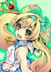 Rule 34 | 1girl, arc system works, bell, blazblue, blazblue: continuum shift, blonde hair, green eyes, long hair, low-tied long hair, muchourin, platinum the trinity, quad tails, smile, staff, symbol-shaped pupils, two side up, zau (okogesan)