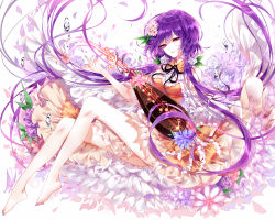 Rule 34 | 1girl, absurdres, adapted costume, ass, bad id, bad pixiv id, bare legs, bare shoulders, barefoot, beamed eighth notes, biwa lute, black ribbon, blue flower, breasts, commentary, detached sleeves, dress, eighth note, flower, frills, full body, hair between eyes, hair flower, hair ornament, hand up, head tilt, highres, instrument, leaf, long hair, long sleeves, looking at viewer, low twintails, lute (instrument), medium breasts, musical note, nail polish, neck ribbon, parted lips, petals, petticoat, pink flower, purple eyes, purple flower, purple hair, purple nails, ribbon, sheya, simple background, smile, solo, staff (music), thighs, toenail polish, toenails, touhou, tsukumo benben, twintails, very long hair, water drop, white background, white flower, wide sleeves, yellow dress