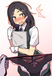 Rule 34 | 1girl, ^^^, bike shorts, black hair, black panties, black shorts, black skirt, black vest, blue ribbon, blush, commentary request, cowboy shot, forehead, gloves, gradient background, hair ornament, hairclip, highres, holding, holding clothes, holding panties, holding paper, holding underwear, kantai collection, kuroshio (kancolle), looking at viewer, miniskirt, neck ribbon, nose blush, open mouth, panties, panties day, paper, pink background, pleated skirt, ribbon, see-through, shirt, short shorts, short sleeves, shorts, skirt, solo focus, standing, sweat, taketora suzume, underwear, vest, wavy mouth, white gloves, white shirt, wing collar, yellow eyes