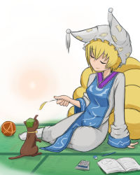 Rule 34 | 1girl, animalization, arm support, bad id, bad pixiv id, blonde hair, calculator, cat, cat teaser, chen, chen (cat), closed eyes, dress, fox girl, fox tail, hat, light smile, long dress, lying, mob cap, multiple tails, notebook, okahi, short hair, tabard, tail, tatami, touhou, wide sleeves, wool, yakumo ran
