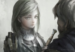 Rule 34 | 1boy, 1girl, armor, artist name, beard, blonde hair, breastplate, brown eyes, child, commentary, dark souls (series), dark souls iii, expressionless, facial hair, from behind, gauntlets, grey hair, holding, holding sword, holding weapon, holy knight hodrick, jlien-, long hair, looking at another, parted bangs, sirris of the sunless realms, solo focus, sword, upper body, weapon