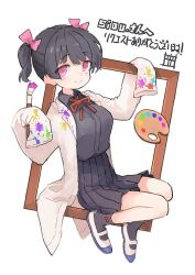 Rule 34 | 1girl, black hair, black legwear, black skirt, bow, brush, closed mouth, coat, commission, eyes visible through hair, hair bow, highres, holding, holding brush, holding paintbrush, kasa (hitori sanka), medium hair, original, paint, paint splatter, paintbrush, palette (object), picture frame, pink bow, pink eyes, red ribbon, ribbon, simple background, sitting, skeb commission, skirt, sleeves past fingers, sleeves past wrists, smile, solo, twintails, white background, white coat, white legwear