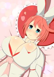 Rule 34 | 1girl, absurdres, ahoge, animal ears, arc system works, artist request, blue eyes, blush, breasts, cleavage, dress, elphelt valentine, guilty gear, guilty gear xrd, heart, heart-shaped pillow, highres, huge breasts, looking at viewer, lying, on back, pillow, pink hair, rabbit ears, ribbon, shiny skin, short hair, smile, solo, spikes, wedding dress, white dress
