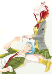 Rule 34 | 1boy, 1girl, couple, glasses, hetero, hubert ozwell, lap pillow, multicolored hair, official alternate costume, pascal (tales), school uniform, tales of (series), tales of graces