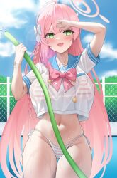 Rule 34 | 1girl, absurdres, ahoge, arm up, bikini, bikini under clothes, blue archive, blue sailor collar, blue sky, blush, bow, braid, breasts, buttons, chain-link fence, cloud, cloudy sky, collarbone, commentary, day, debriskun, fence, gradient hair, green eyes, groin, hair between eyes, hair bow, halo, hanako (blue archive), hand over face, highres, holding, holding hose, hose, large breasts, long bangs, long hair, looking to the side, midriff, multicolored hair, navel, open mouth, outdoors, pink bow, pink hair, pink halo, pool, ribbon, sailor collar, school uniform, serafuku, short sleeves, single braid, skindentation, sky, smile, solo, stomach, striped bikini, striped clothes, swimsuit, symbol-only commentary, thighs, wet, white bikini, white bow, white ribbon, white serafuku, wrist ribbon