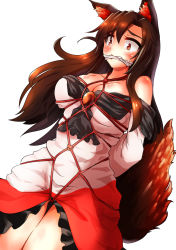 Rule 34 | 1girl, animal ears, arms behind back, bare shoulders, bdsm, blush, bondage, bound, breasts, brooch, brown hair, cleavage, cleave gag, cloth gag, collarbone, dress, fang, gag, gagged, imaizumi kagerou, improvised gag, jewelry, large breasts, long hair, long sleeves, nail polish, off-shoulder dress, off-shoulder shirt, off shoulder, red nails, sanagi (diohazard), shibari, shirt, short dress, simple background, skindentation, solo, tail, tears, touhou, white background, wide sleeves, wolf ears, wolf tail