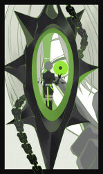 Rule 34 | 2boys, absurdres, arene (arknights), arknights, black border, black choker, black footwear, black gloves, black shirt, black shorts, black wings, boots, border, chain, choker, detached wings, elbow gloves, gloves, green eyes, green ribbon, grey hair, halo, highres, looking at self, male focus, multiple boys, ribbon, shirt, short hair, shorts, size difference, thigh boots, wentao0324, wings