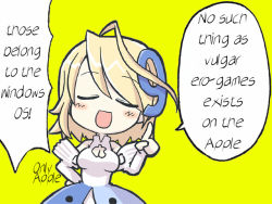 Rule 34 | 1girl, apple inc., bare shoulders, blonde hair, blush, breasts, cleavage, closed eyes, dress, elbow gloves, english text, gloves, index finger raised, open mouth, os-tan, os9, personification, simple background, solo, speech bubble, yellow background