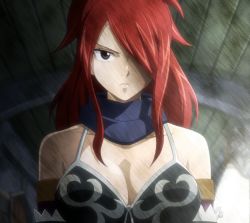 Rule 34 | 1girl, breasts, cleavage, erza knightwalker, erza scarlet, fairy tail, female focus, hair over one eye, highres, large breasts, long hair, red hair, scarf, screencap, serious, solo, stitched, third-party edit