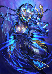 Rule 34 | 1girl, blue eyes, blue hair, blue horns, bodysuit, breasts, claw (weapon), cleavage, highres, horns, keselum (neganeura), large breasts, light trail, long hair, looking at viewer, mask, medium breasts, motion blur, original, purple background, solo, weapon