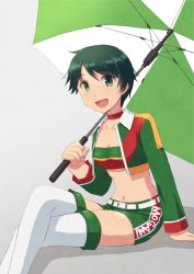 Rule 34 | 1girl, alternate costume, belt, collarbone, cropped jacket, crossed legs, dated, green eyes, green hair, green jacket, green shorts, holding, holding umbrella, jacket, kantai collection, long sleeves, looking at viewer, midriff, mogami (kancolle), nao (nao eg), navel, open clothes, open jacket, open mouth, parasol, race queen, short hair, short shorts, shorts, signature, sitting, smile, solo, strapless, thighhighs, tube top, umbrella, white belt, white thighhighs