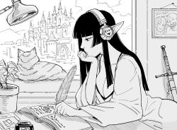 Rule 34 | 1girl, absurdres, anachronism, bb (baalbuddy), breasts, castle, cat, cleavage, commentary, desk, desk lamp, dress, elf, english commentary, headphones, highres, hime cut, holding, holding quill, ink bottle, lamp, large breasts, left-handed, listening to music, lofi girl (youtube), long dress, long hair, monochrome, original, plant, planted, planted sword, planted weapon, pointy ears, potted plant, quill, sitting, solo, straight hair, studying, sword, weapon, when you see it, window, wireless, writing