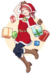 1girl absurdres antenna_hair arm_up bell black_pantyhose boots box breasts brown_footwear christmas dress drill_hair full_body gift gift_box green_ribbon hand_up hat high_heel_boots high_heels highres jumping kasane_teto knee_boots neck_bell neck_ribbon pantyhose red_hair ribbon santa_costume santa_dress santa_hat small_breasts solo twin_drills utau yasutange