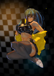 Rule 34 | 1girl, abs, armpits, black background, breasts, checkered background, commentary request, crop top, dark-skinned female, dark skin, fingerless gloves, gloves, green hair, high heels, highres, jacket, large breasts, leather, midriff, multicolored hair, muscular, muscular female, navel, off shoulder, original, ponytail, purple eyes, ray (nagaseray), shorts, smile, solo, streaked hair, tan, thighhighs, yellow jacket