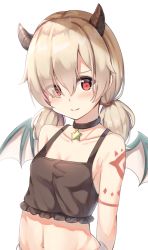 Rule 34 | 1girl, arms behind back, bare shoulders, black choker, blood, blush, bodypaint, breasts, charring, choker, cleavage, closed mouth, collarbone, commentary request, demon girl, demon horns, demon wings, eyes visible through hair, green wings, hair over one eye, horns, inori (princess connect!), keiran (ryo170), long hair, looking at viewer, low twintails, navel, princess connect!, red eyes, simple background, small breasts, solo, star (symbol), star choker, twintails, upper body, white background, wings