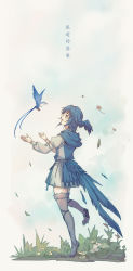 Rule 34 | 1girl, absurdres, bird, bird girl, bird legs, bird tail, bird wings, blue bird, blue capelet, blue eyes, blue hair, blue sky, capelet, chinese commentary, chinese text, cloud, commentary request, dress, dual persona, falling petals, feathered wings, final fantasy, final fantasy xiv, flower, from side, full body, grass, grey dress, hands up, happy, head wings, highres, juliet sleeves, leg up, long sleeves, meteion, monster girl, open mouth, outdoors, petals, profile, puffy sleeves, shang can tiao zhan bu kongzhuan, short hair, sky, smile, solo, square enix, standing, standing on one leg, tail, talons, translation request, wings