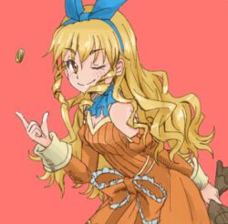 Rule 34 | 1girl, asatsuki kamo, ascot, blonde hair, blue ascot, brown eyes, closed mouth, detached sleeves, dress, drill hair, freckles, hair ribbon, hairband, jane maxwell, long hair, looking at viewer, lowres, one eye closed, orange dress, orange sleeves, ribbon, sidelocks, simple background, smile, solo, wild arms, wild arms 1