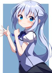 Rule 34 | 1girl, absurdres, black outline, black skirt, blue bow, blue eyes, blue hair, blue outline, blue theme, blue vest, blush, bow, breasts, buttons, closed mouth, commentary, cowboy shot, floating hair, from side, gochuumon wa usagi desu ka?, hair ornament, hands up, highres, kabocya na, kafuu chino, blue background, light blue hair, long hair, looking at viewer, messy hair, official alternate hairstyle, open hand, outline, ponytail, rabbit house uniform, raised eyebrows, red outline, seams, shiny skin, shirt, short sleeves, simple background, skirt, small breasts, smile, solo, tareme, two-tone background, vest, waving, white background, white shirt, x hair ornament