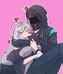 Rule 34 | 1girl, 1other, :t, arknights, bare shoulders, black gloves, black jacket, black pants, blush, breasts, cheek pinching, closed eyes, commentary request, doctor (arknights), gloves, grey hair, heart, highres, hood, hooded jacket, infection monitor (arknights), jacket, large breasts, leggings, long sleeves, no headwear, pants, pinching, pink background, simple background, skadi (arknights), thighs, tsume3mai