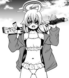 Rule 34 | 1girl, bikini, blue archive, cloud, commentary request, crossed bangs, fang, frilled bikini, frills, greyscale, gun, hair between eyes, halo, highres, holding, holding gun, holding weapon, hoshino (blue archive), hoshino (swimsuit) (blue archive), jacket, kaauchi, long hair, long sleeves, looking at viewer, monochrome, open clothes, open jacket, open mouth, outdoors, over shoulder, shotgun, sky, solo, sunglasses, swimsuit, weapon, weapon over shoulder