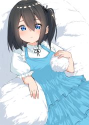 Rule 34 | 1girl, blue dress, blue eyes, blush, breasts, brown hair, commentary request, dress, hair between eyes, hand up, highres, looking at viewer, one side up, original, parted lips, puffy short sleeves, puffy sleeves, shirt, short sleeves, sleeveless, sleeveless dress, small breasts, solo, suzunari shizuku, white shirt, yuki arare