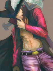 Rule 34 | 1boy, abs, dracule mihawk, hat, hat feather, hat over one eye, jippei, male focus, night, one piece, open clothes, open shirt, shirt, solo, standing, sword, weapon, yellow eyes