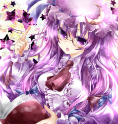 Rule 34 | 1girl, ascot, bad id, bad pixiv id, book, breasts, crescent, dress, female focus, glasses, hair ribbon, hat, long hair, nanase nao, open mouth, patchouli knowledge, pointing, pointing up, purple dress, purple eyes, purple hair, ribbon, solo, star (symbol), touhou
