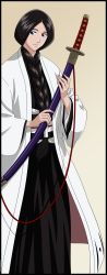 Rule 34 | 00s, 1girl, absurdres, black hair, bleach, blue eyes, braid, front braid, front ponytail, haori, highres, japanese clothes, long hair, long image, looking at viewer, md5 mismatch, resized, simple background, single braid, solo, sword, taichou haori, tall image, unohana retsu, vector trace, weapon