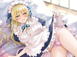 Rule 34 | 1girl, abe hikaru, absurdres, apron, blonde hair, blue ribbon, blush, bow, bow panties, breasts, clothes lift, collar, detached collar, dress, dress lift, elf, frilled dress, frills, green eyes, hair ribbon, half-closed eyes, highres, indoors, lace, lace-trimmed dress, lace-trimmed panties, lace trim, large breasts, lifting own clothes, long hair, looking at viewer, lying, maid, maid headdress, neck ribbon, on bed, open mouth, original, panties, pink panties, pointy ears, ribbon, short sleeves, sidelocks, skirt hold, smile, solo, underwear, white apron, white collar, white dress