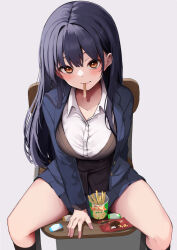 Rule 34 | 1girl, arm support, between legs, black cardigan, black hair, black socks, blazer, blue jacket, blue skirt, blush, boku no kokoro no yabai yatsu, breasts, brown eyes, cardigan, chair, closed mouth, collarbone, collared shirt, commentary request, dress shirt, feet out of frame, food, grey background, hand between legs, jacket, kneehighs, large breasts, long hair, looking at viewer, minato yu, mouth hold, on chair, open clothes, open jacket, pleated skirt, school chair, school uniform, shirt, simple background, skirt, smile, socks, solo, very long hair, white shirt, yamada anna