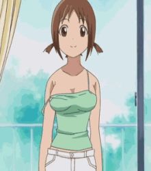 Rule 34 | 00s, 10s, 1girl, animated, animated png, arms up, bouncing breasts, breasts, brown eyes, brown hair, hinako (issho ni training), indoors, issho ni training, large breasts, looking at viewer, lowres, midriff peek, navel, no bra, solo, standing, strap slip, tank top