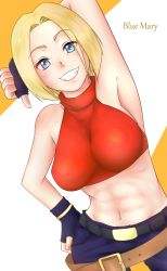 Rule 34 | 1girl, abs, armpits, bare shoulders, belt, blonde hair, blue eyes, blue mary, breasts, character name, commentary request, crop top, denim, fatal fury, fingerless gloves, gloves, halterneck, halterneck, highres, jeans, large breasts, looking at viewer, loose belt, midriff, muscular, navel, open mouth, pants, short hair, smile, solo, the king of fighters