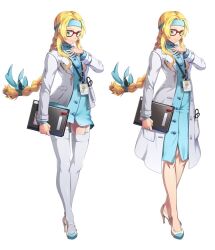 Rule 34 | 2girls, alternate costume, artist request, blonde eyebrows, blonde hair, braid, braided ponytail, breast pocket, button gap, buttoned cuffs, collar, collared coat, diana caprice, dual persona, full body, garter straps, hair intakes, hair ribbon, hand on own chest, holding, holding notebook, id card, lab coat, lanyard, light blue buttons, light blue collar, light blue headband, light blue ribbon, light blue shirt, light blue sleeves, long hair, low-tied long hair, low ponytail, mandarin collar, maxi shirt, multiple girls, notebook, official art, pen in pocket, pocket, red-framed eyewear, ribbon, sakura taisen, sakura taisen v, sega, simple background, solo, thighhighs, third-party source, very long hair, wavy sidelocks, white buttons, white collar, white footwear, white pocket, white thighhighs
